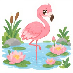 Obraz premium Cute Pink Flamingo Cartoon Illustration, Flamingo Standing in Pond with Lotus Flowers