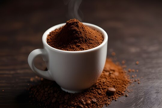 A white ceramic cup filled with steaming ground coffee sits on a dark wooden surface, surrounded by scattered beans and powder. Instant Coffee Day