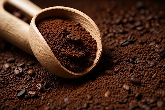 A wooden scoop is filled with dark brown ground coffee, resting on a surface scattered with whole coffee beans. Instant Coffee Day