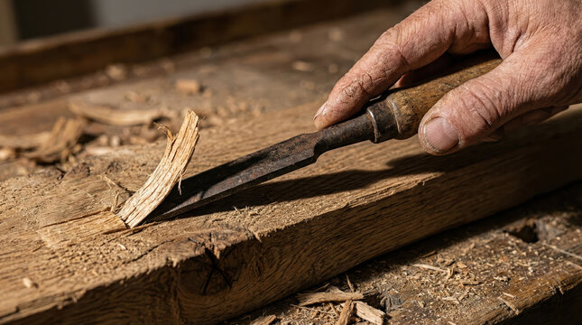 Man carpenter hand carving wood with a chisel on an old wooden plank. Carpentry work concept for woodworking, renovation.
