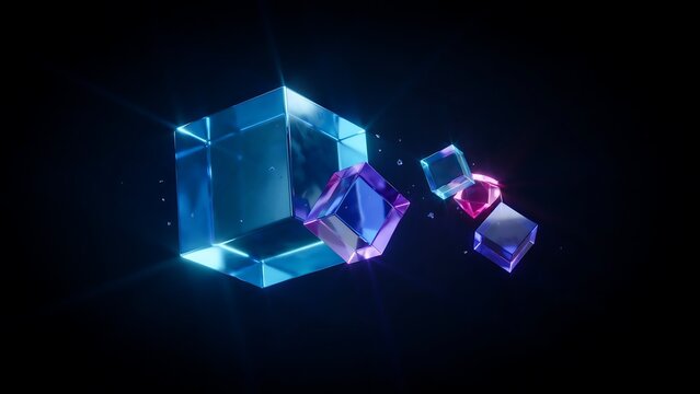 Floating geometric cubes with glowing light effects in space