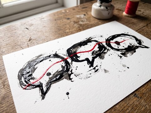 Artistic ink drawing of speech bubbles connected by a red line on white paper.