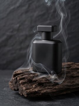 Black luxury perfume bottle mockup on dark weathered wood with mystical smoke against a textured stone wall   