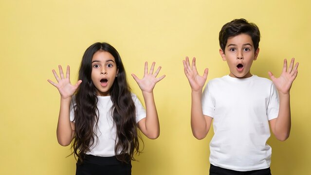 Surprised kids with raised hands in yellow background