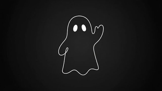 Cute white ghost waving against dark background animation