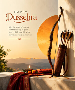 Traditional wooden bow and arrows with lit diya lamp celebrating Dussehra festival against scenic mountain landscape view