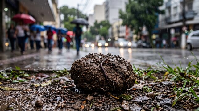 Rain-Soaked Ground with Mud Clump on Urban Street