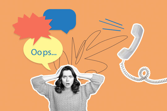 Full 3d zine pop trend collage of puzzled employee girl stand telephone handset oops bubble tension call center workload chat
