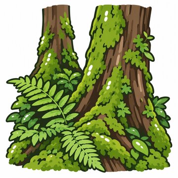 苔むした太い木の幹とシダ植物が茂る緑豊かな森のイラストレーション