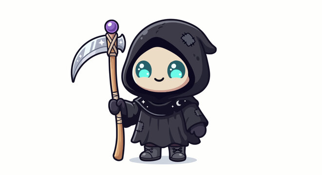 Cute chibi Grim Reaper character holding scythe flat vector clipart