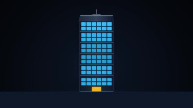Minimalist 2D animation of an illuminated office building growing and shrinking at night