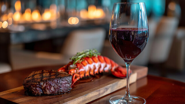 Grilled steak and lobster tail with a glass of red wine in a restaurant setting, surf and tur