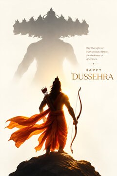 Lord rama holding bow and arrow standing proudly before giant demon ravana silhouette during happy dussehra celebration festival