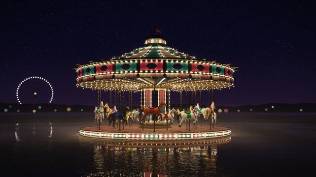 Vintage Carousel Horses Spinning at Night Seamless Loop