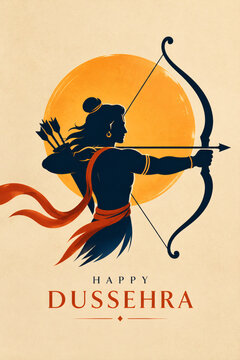 Rama silhouette aiming bow and arrow against bright orange sun during Dussehra festival celebration digital artwork