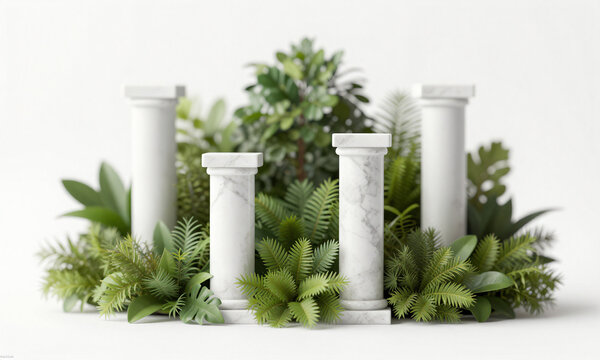 white marble columns positioned harmonious arrangement amidst dense layer lush vibrant green foliage soft diffused