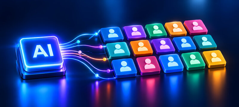 AI Microchip Processor Connecting Network Cable to Multiple User Profile Icons

