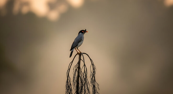 Myna Bird Perched on Bare Branch Against Soft Morning Fog