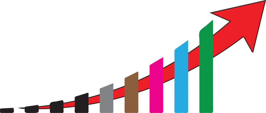 Colorful bar chart with a red arrow showing business growth and success