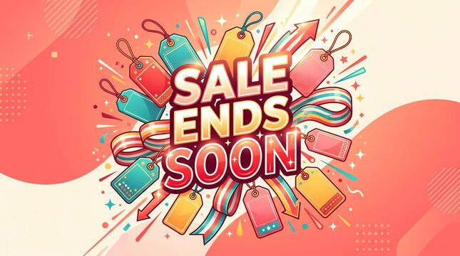 "Sale Ends Soon" promotional banner design featuring bold typography, colorful price tags, ribbons, and arrows on a warm coral background.