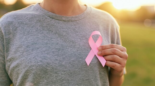 Awareness of breast cancer with a woman wearing a pink ribbon symbol for health and hope support