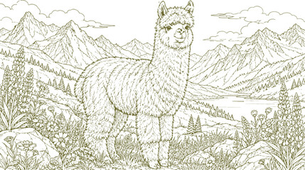 Obraz premium Line art illustration depicts an alpaca standing in a mountainous landscape with foliage