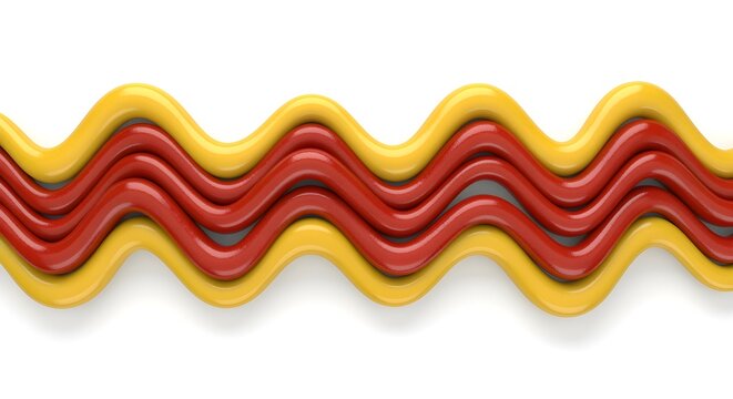 3D CGI mustard and ketchup zig-zag pattern with glossy fluid shaders, isolated on pure white.