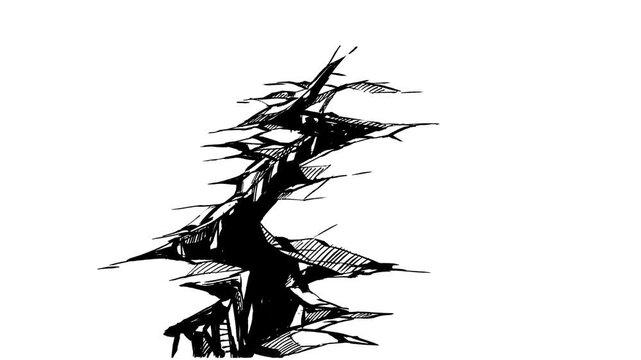 Dramatic 2D line art animation of ground splitting and cracking apart with a powerful shaking earthquake effect.  4K UHD video loop featuring abstract grunge chasm opening wider, perfect f