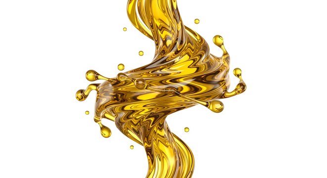 A creatively enhanced rephrasing of 3d cgi olive oil swirl frozen mid-motion using fluid physics and golden translucency, isolated white, depicted with richer detail and a more artistic presentation.