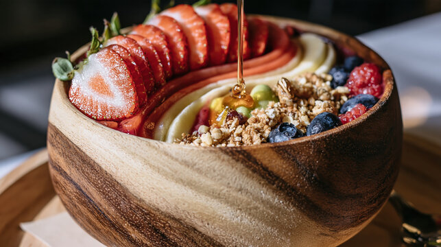 Berry smoothie bowl with granola crunch and honey drizzle creates colorful breakfast topped with strawberry, blueberry, and fruit