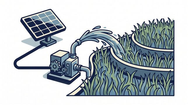 Solar-powered irrigation system watering rice field with clean energy