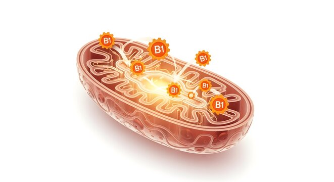 A graphic of a glowing cellular 'power plant' (mitochondrion) with 'B1' icons fueling it, like tiny gears turning. Isolated on white.