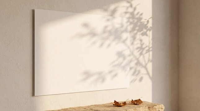 Blank horizontal poster mockup frame hanging on beige wall with shadow overlay and autumn leaves