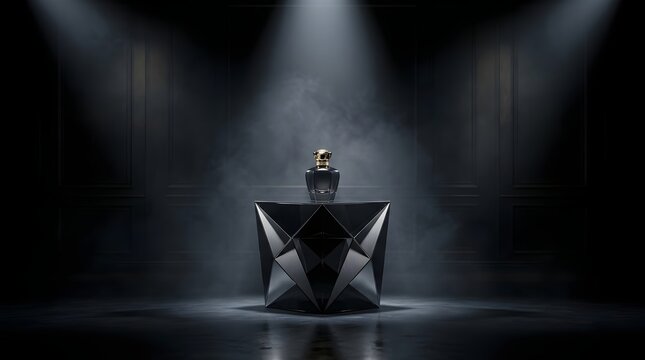 An elegant  faceted black perfume bottle crowned with gold rests on a matching angular base under dramatic spotlighting amidst atmospheric haze against paneled walls
