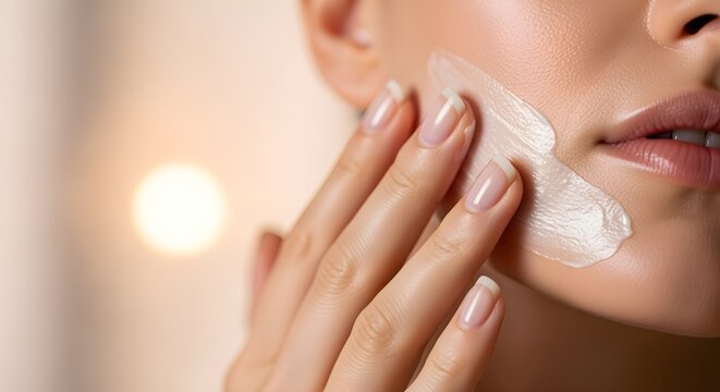 A clearer, modern reinterpretation of a person's hand applying a luxurious, pearlized cream to their jawline, with soft, diffused lighting highlighting healthy-looking skin, styled for visual appeal.