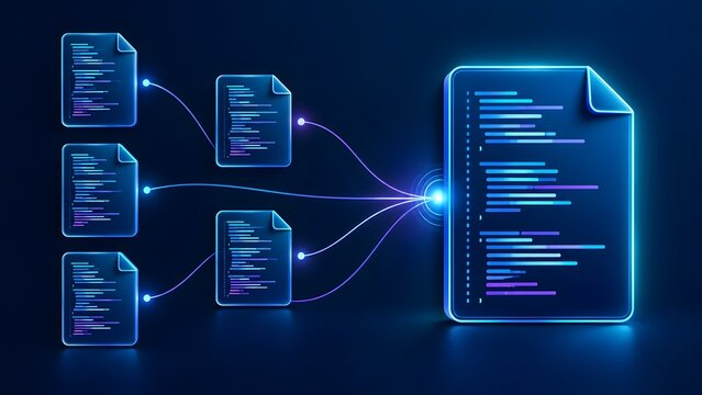 Digital data aggregation and automated document consolidation process with glowing holographic file interfaces