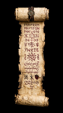 Ancient Scroll with Runes and Symbols on Dark Background, Spooky Witch's Apothecary Prop, Halloween aesthetic. Demonic,  