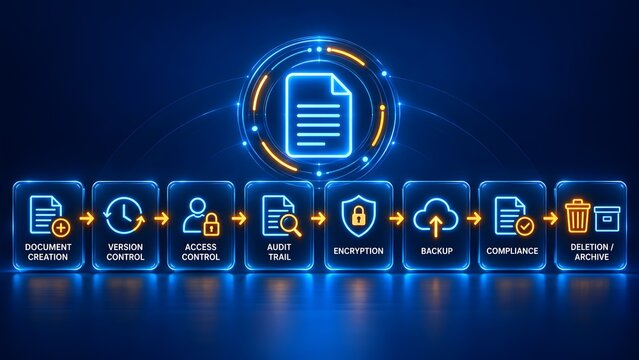 Comprehensive document management system lifecycle showing version control encryption and compliance stages