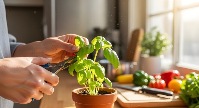 A clearer, modern reinterpretation of a person's hands gently snipping fresh basil from a small potted herb garden on a sunny kitchen windowsill. A cooking scene is blurred in the background, styled