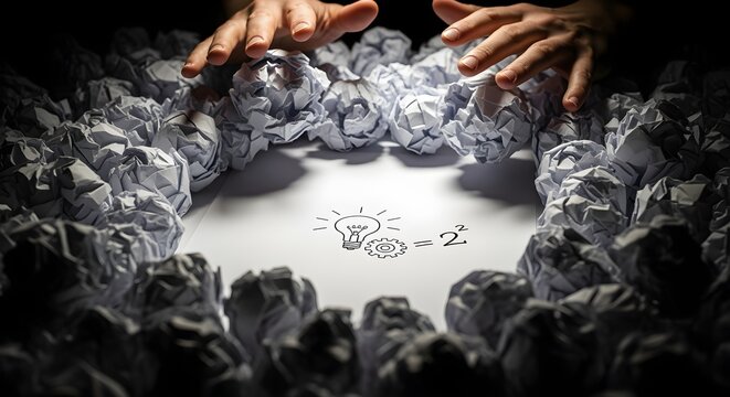A clearer, modern reinterpretation of a person's hands pushing aside a jumbled pile of crumpled paper balls, revealing a single, clean sheet with a brilliant, simple idea sketched in the center
