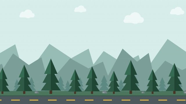 Scenic Mountain Roadside View with Evergreen Pine Trees and Distant Peaks Flat Vector Illustration for Nature Travel Background
