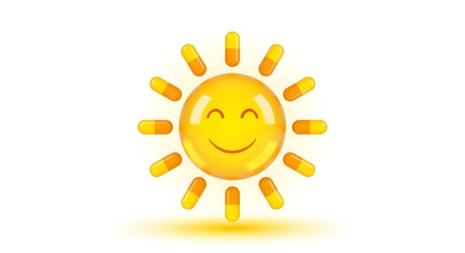 A clearer, modern reinterpretation of a simple, smiling yellow sun icon made of a Vitamin D capsule forming the circle and rays, casting a subtle, warm glow on the white backdrop, styled for visual