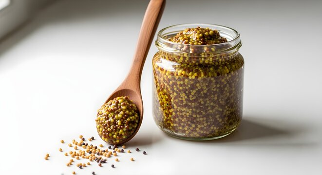 A clearer, modern reinterpretation of a small jar of whole-grain mustard, with a spoonful out and a few mustard seeds scattered on the white surface beside it, styled for visual appeal.