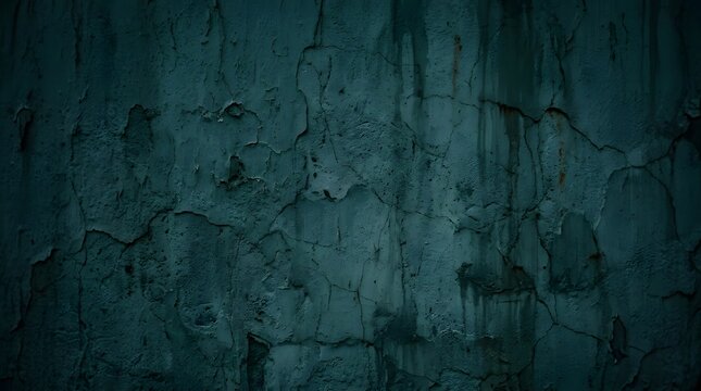 Close up of an aged  deteriorating wall surface covered in faded teal paint that is flaking off to expose the underlying coarse concrete texture under low light conditions