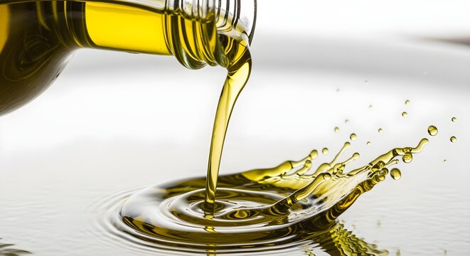 A slow-motion capture of extra virgin olive oil being drizzled from a cruet onto a white surface, highlighting its golden-green color.
