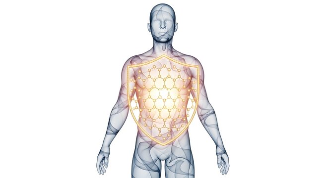 A stylized, transparent human figure with a glowing shield over its chest, made from the molecular structure of Vitamin A (Retinol). Isolated on a stark white background.