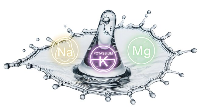 A splash of clear, pristine water with floating, glowing icons for Sodium, Potassium, and Magnesium. Isolated on a white background.