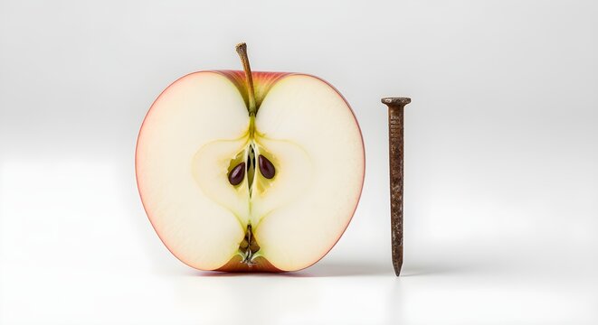 A visual metaphor: a clean, sliced apple that remains perfectly fresh and white, while a rusted nail lies harmless next to it, representing oxidation stopped. On a white surface.