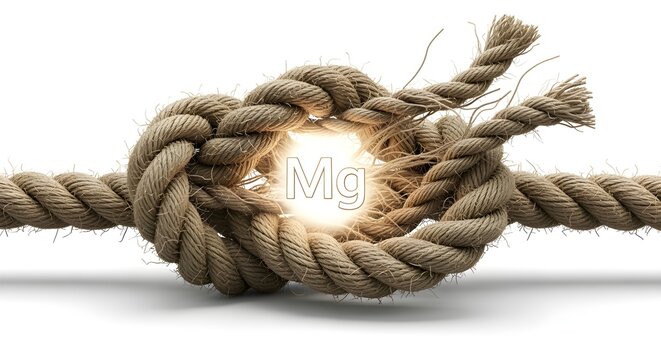 A visual of a tense knot in a rope gracefully untying itself, with a glowing 'Mg' symbol at the center. Isolated on white.