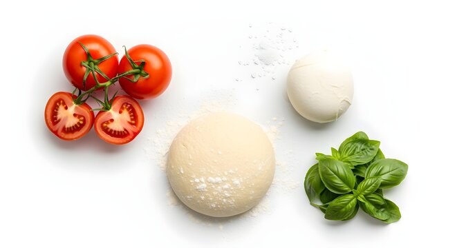 A clearer, modern reinterpretation of all the ingredients for a Margherita pizza (fresh dough, tomato, mozzarella, basil) arranged separately but together on a white background, styled for visual